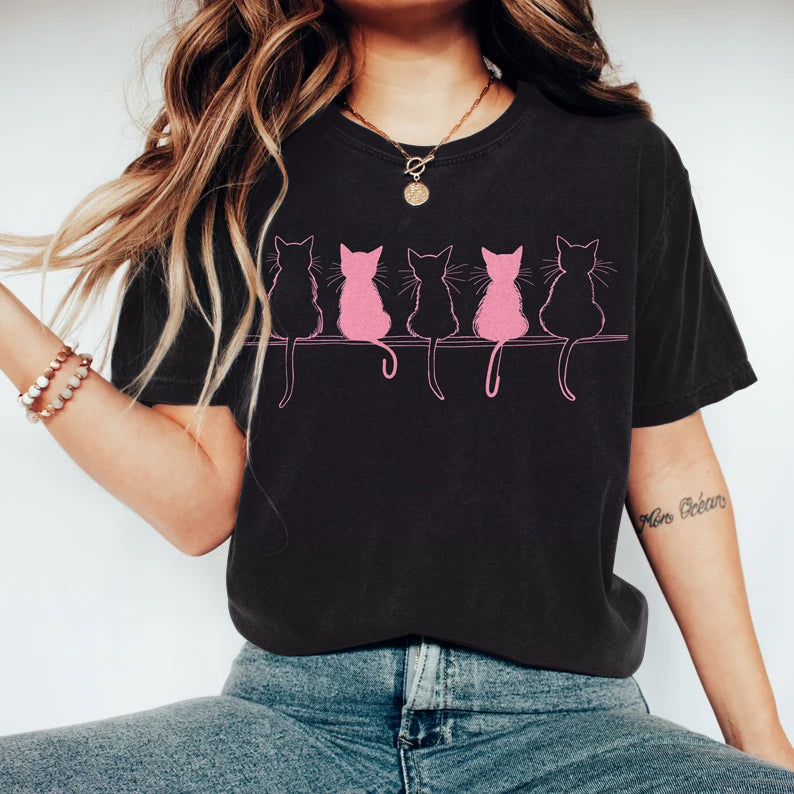 Comstylish Funny Pink Cat Print Vintage Casual T-shirt