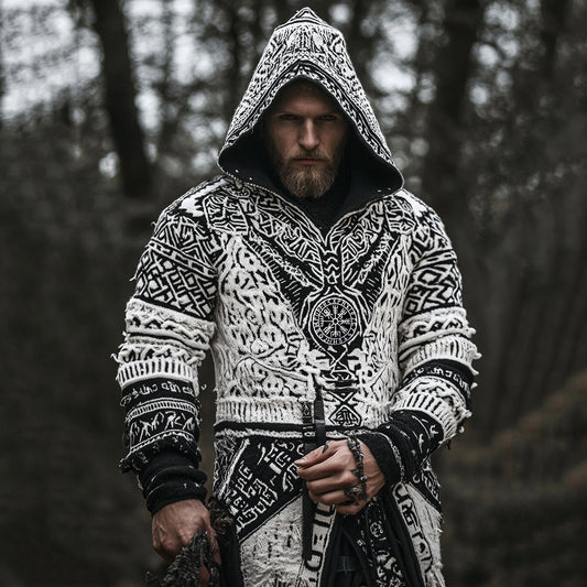 Men's Vintage Viking Inspired Celtic Jacquard Hooded Sweater artswardrobe