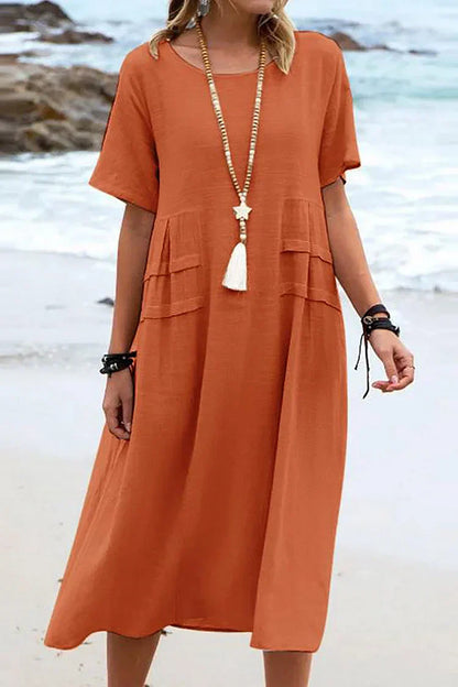 LM | Loose, short-sleeved casual dress with a round neckline and plain colors
