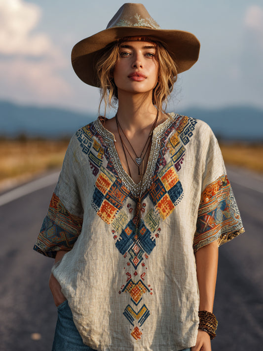 Comstylish Western-style Apache Pattern Embroidery V-neck Short-sleeved Shirt