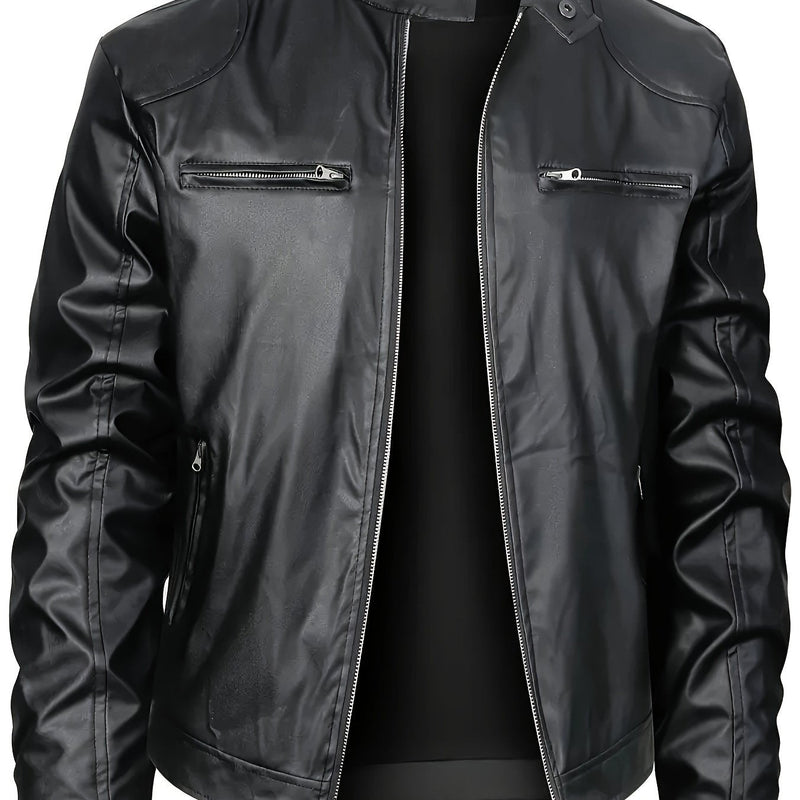 LM | Stylish PU leather jacket with color blocks and multi-zip design