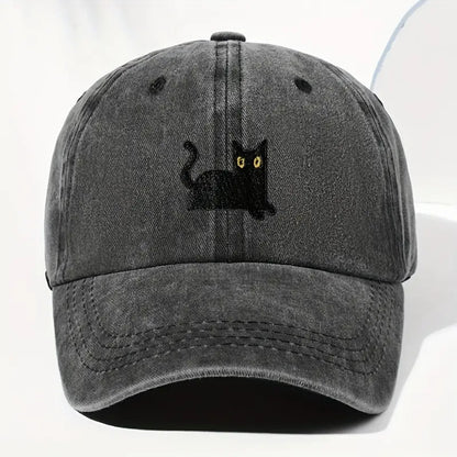 Japanese Art  Cute Black Cat Washed Sun Hat elevenforest