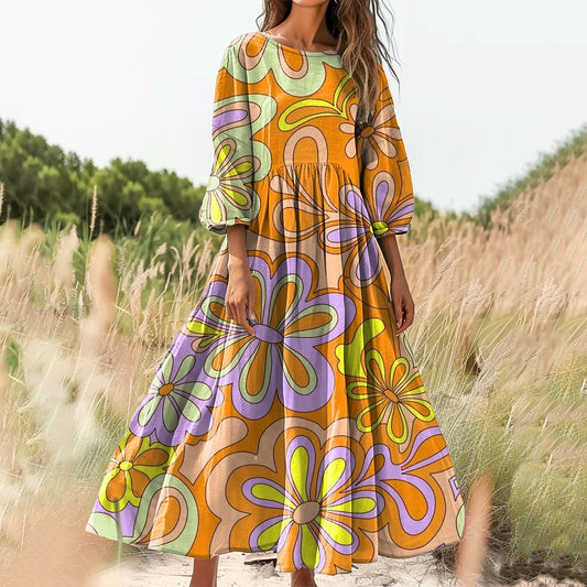 Women's Floral Art Print Cotton Crew Neck Dress