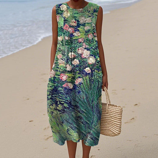 Women's Retro Oil Floral Painting Casual Midi Dress artswardrobe
