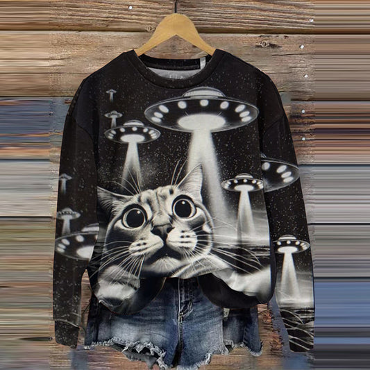 Abstract Creative Ufo Cat Holly Sh*t Their Here Run Print Crew Neck Casual Sweatshirt elevenforest