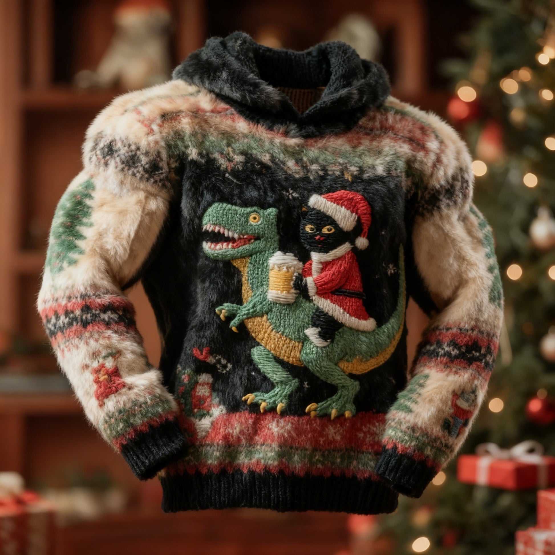 Comstylish Men's Fun Christmas Cat And Dinosaur Plush Hoodie