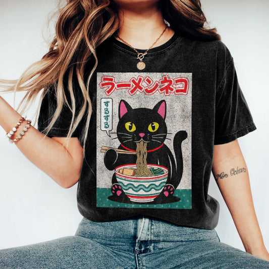 Japanese Style Fun Ramen Cat Print Ladies T-shirt elevenforest