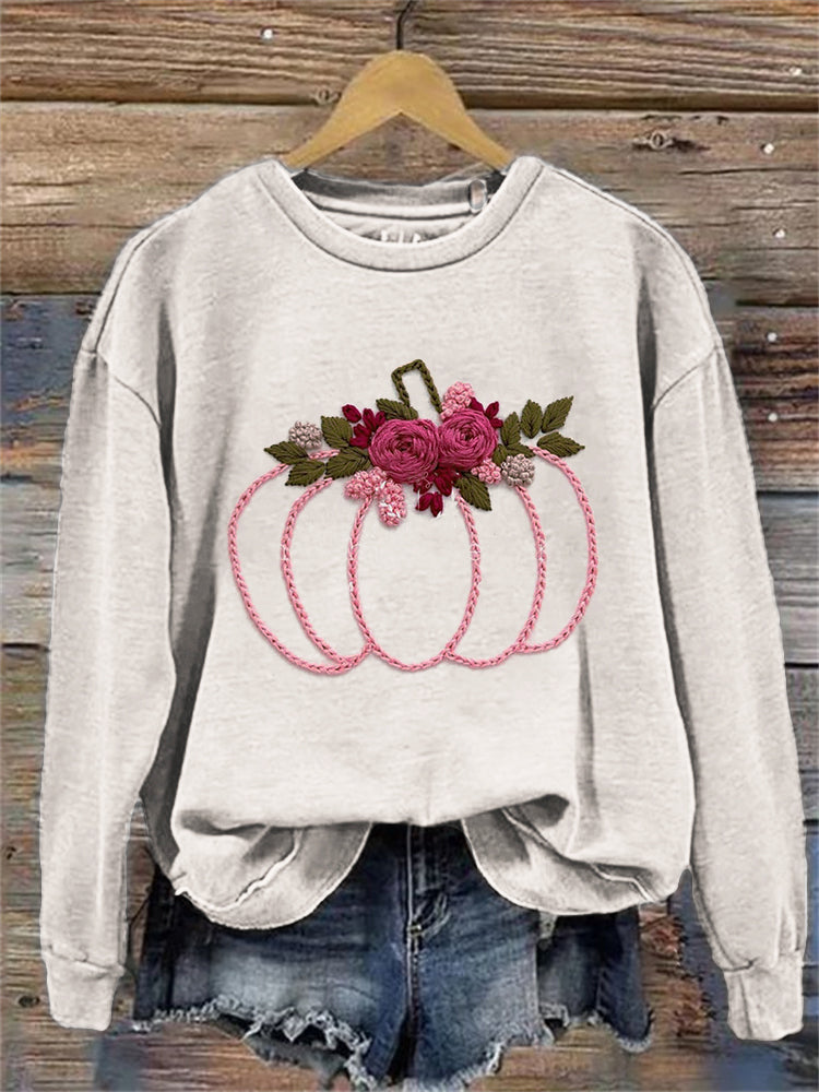 Thanksgiving Pink Pumpkin Floral Embroidered Sweatshirt artswardrobe