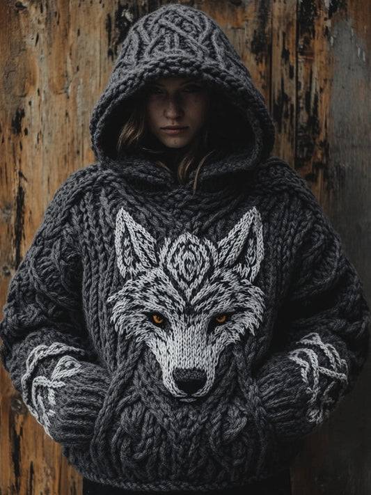 Viking Wolf Inspired Celtic Chunky Cozy Hooded Sweater elevenforest