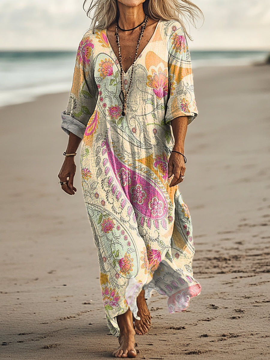 Women's Vintage Paisley Flower Art Print Pocket Cotton Dress