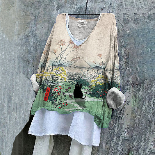 Women'S Flowers & Black Cat Print Shirt elevenforest