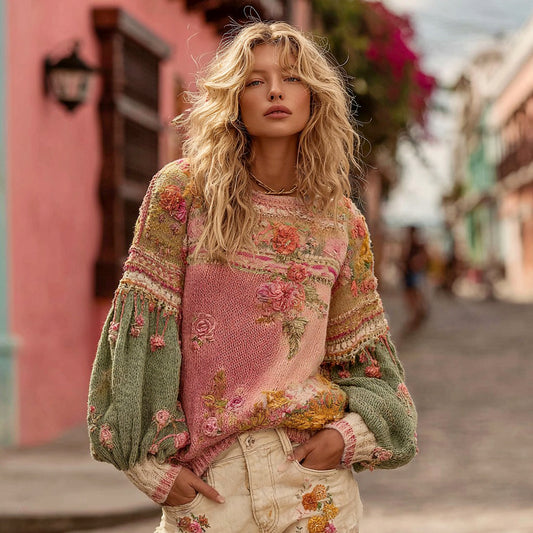 Women's Vintage Bohemian Floral Embroidery Knitted Crew Neck Sweater artswardrobe