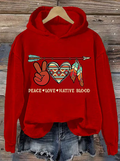 Comstylish Retro Native American Heritage Month Peace Love Native Blood Print Hoodie