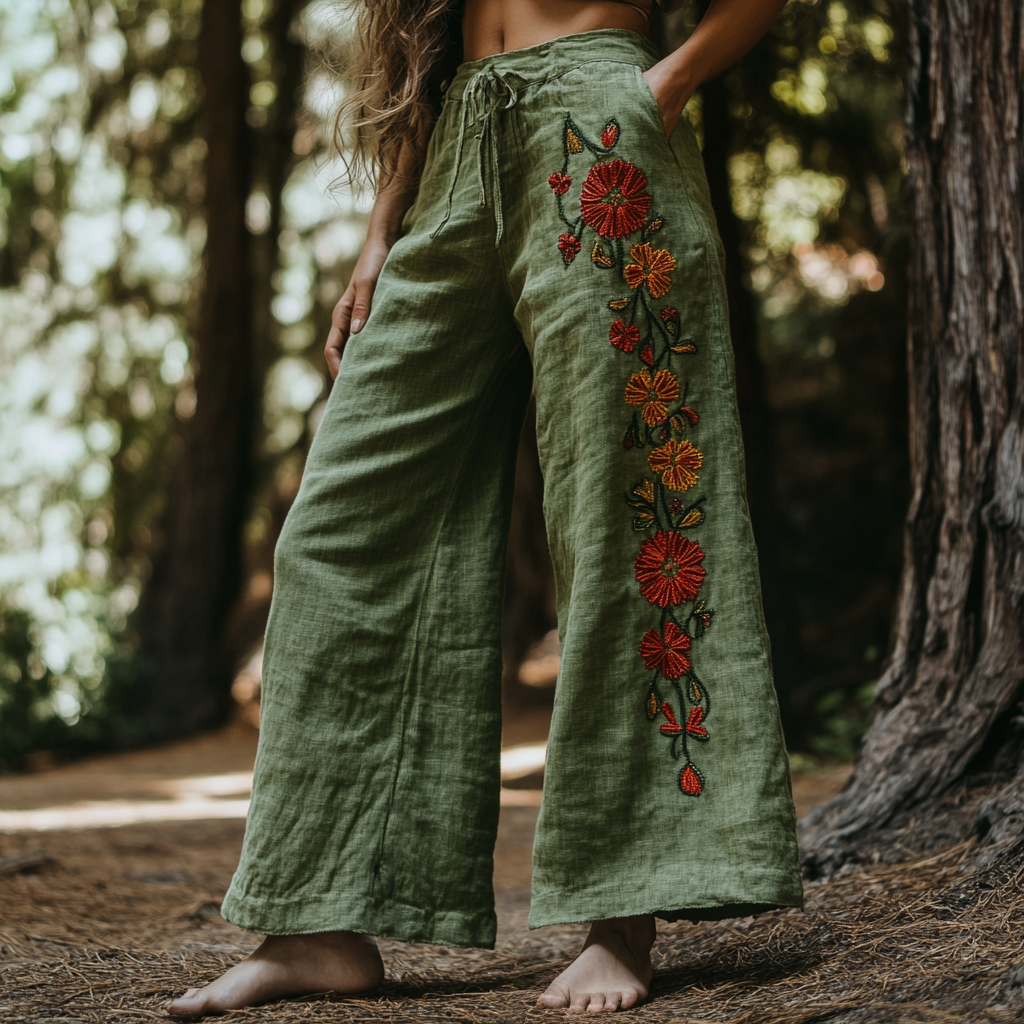 Bohemian Holiday Style Linen Bohemian Floral Print Linen Long Loose Wide-leg Pants artswardrobe