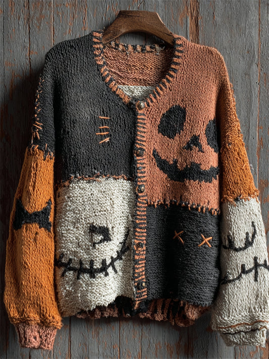 Halloween Pumpkin Face Colorblock Stitched Cozy Knit Cardigan artswardrobe