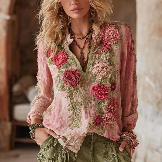 Women's Vintage Floral Linen Long Sleeve T-shirt artswardrobe