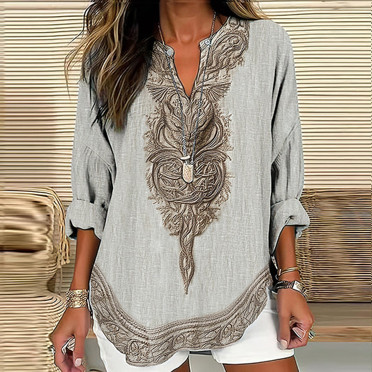 Women's Vintage Viking Wolf Art Print Linen Shirt artswardrobe
