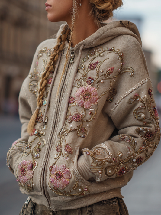 Comstylish Bohemian Style Pink Flower Embroidery Hooded Long Sleeve Jacket With Zipper