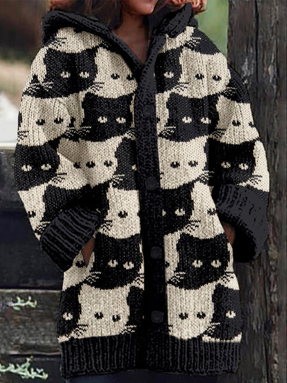 Lovely Cats Knit Art Cozy Hooded Cardigan elevenforest