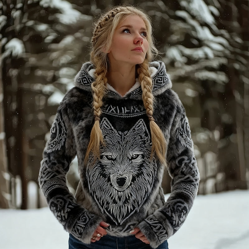 Comstylish Women's Retro Viking Wolf Art Plush Hoodie