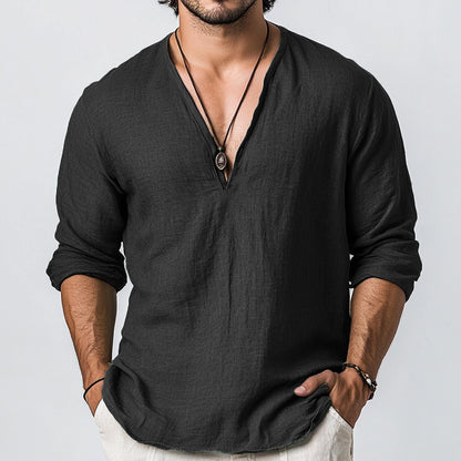 Men's Solid Color V Neck Casual Linen Shirt artswardrobe