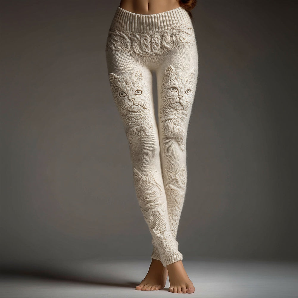 Comstylish Cute Fuzzy Cat Embroidered Cozy Knit Leggings