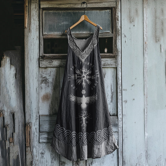 Women's Viking Tribal Bird Totem Linen Tank Dress artswardrobe