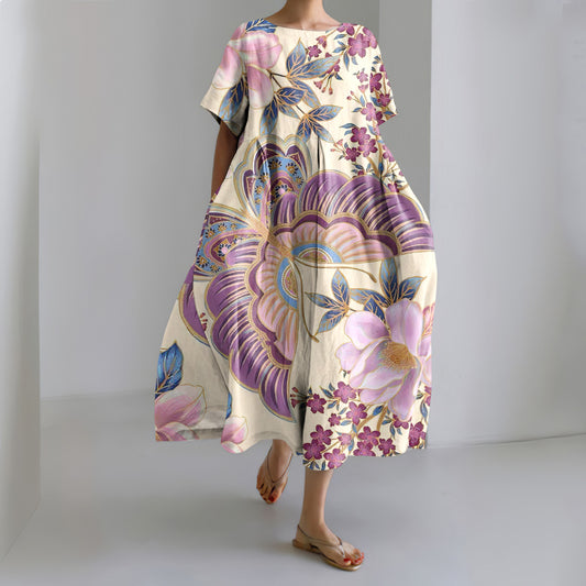 Comstylish Vintage Japanese Art Flower Print Short Sleeve Casual Midi Dress