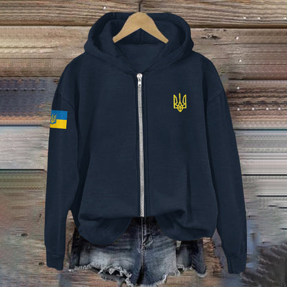 Comstylish Women Support Ukrainian Trident Symbol Zip Hoodie