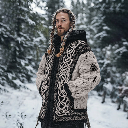 Men's Viking Tribal Jacquard Celtic Chunky Knit Zipper Hooded Cardigan elevenforest