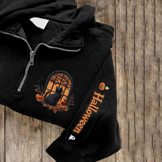 Comstylish Women's Halloween Cat Embroidered Zip Long Sleeve Casual Sweatshirt