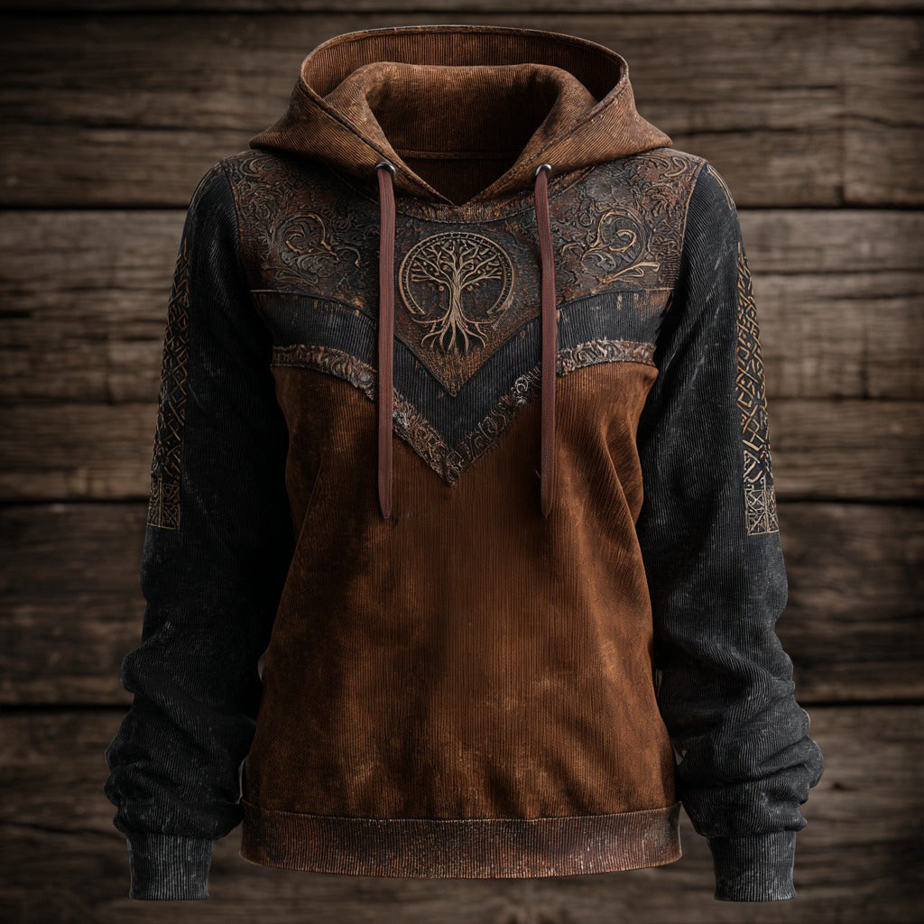 Comstylish Women's Vintage Viking Tree Of Life Patchwork Casual Hoodie