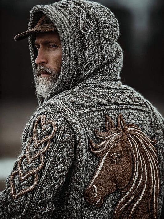 Men's Vintage Horse Crochet Celtic Cozy Knit Hooded Sweater elevenforest