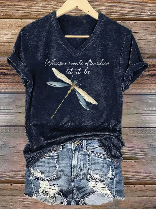 Women's Hippie Dragonfly Art Print V-neck Casual T-Shirt