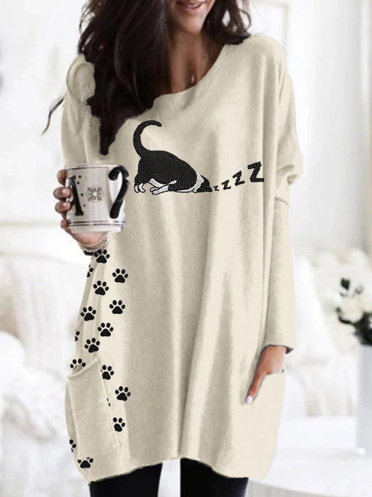 Cute Sleeping Cat Embroidered Comfy Tunic elevenforest