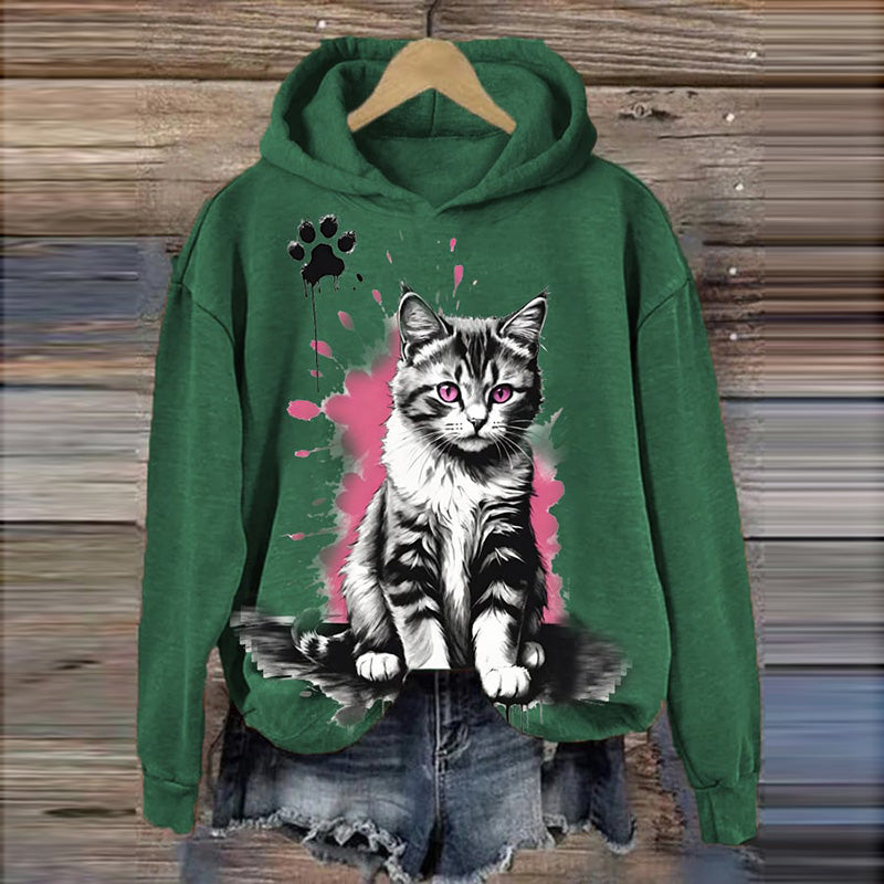 Women's Cute Cat Printed Hooded Sweatshirt elevenforest