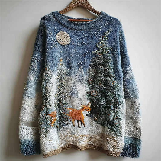Comstylish Fox Snowy Forest Night Cozy Fuzzy Knit Sweater