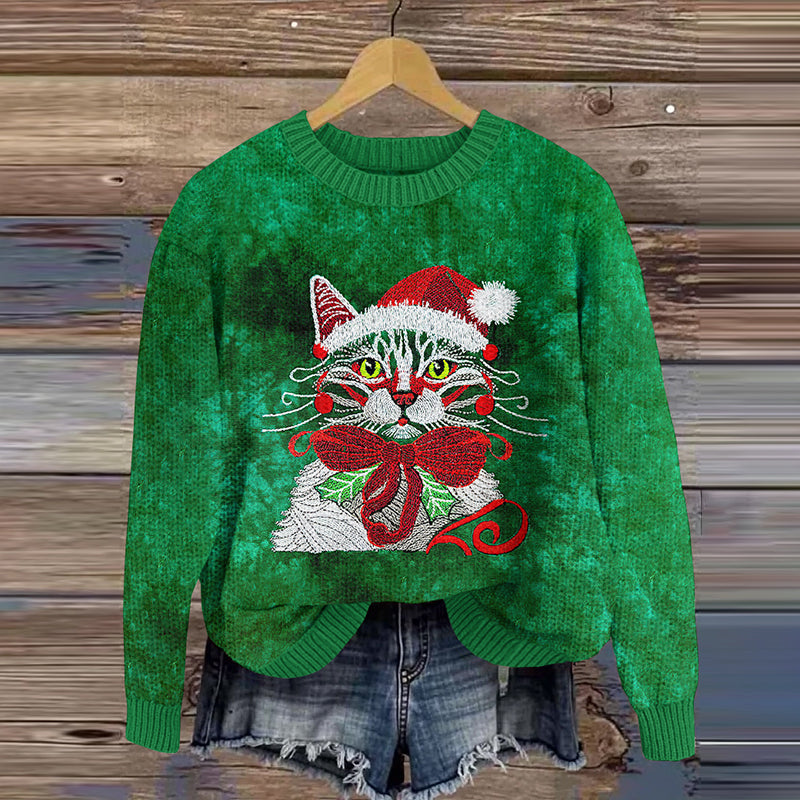 Green Christmas Cat Embroidery Knitted Sweate elevenforest