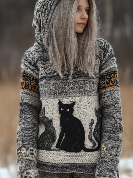 Women's Winter Warm Cat Design Hooded Knitted Sweater elevenforest