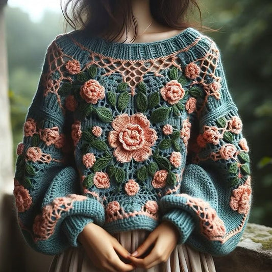 Classic Thick Knitted Crochet Floral Contrast Sweater artswardrobe