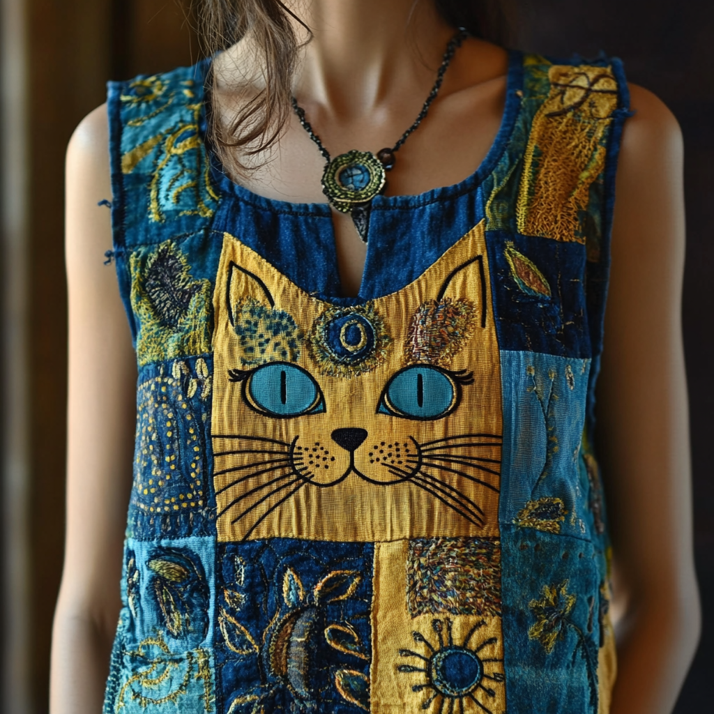 Comstylish Women's Pop Art Cat Floral Patchwork Linen Top