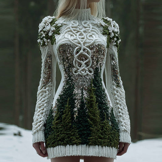 Comstylish Women's Christmas Tree Forest And Floral Celtic Knot Sequins Knit Turtleneck Mini Sweater Dress