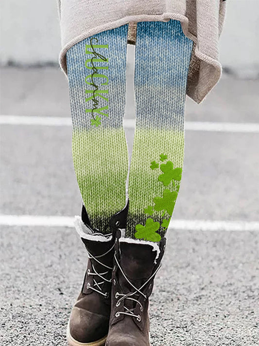 Lucky Clover Embroidered Gradient Knit Cozy Leggings artswardrobe