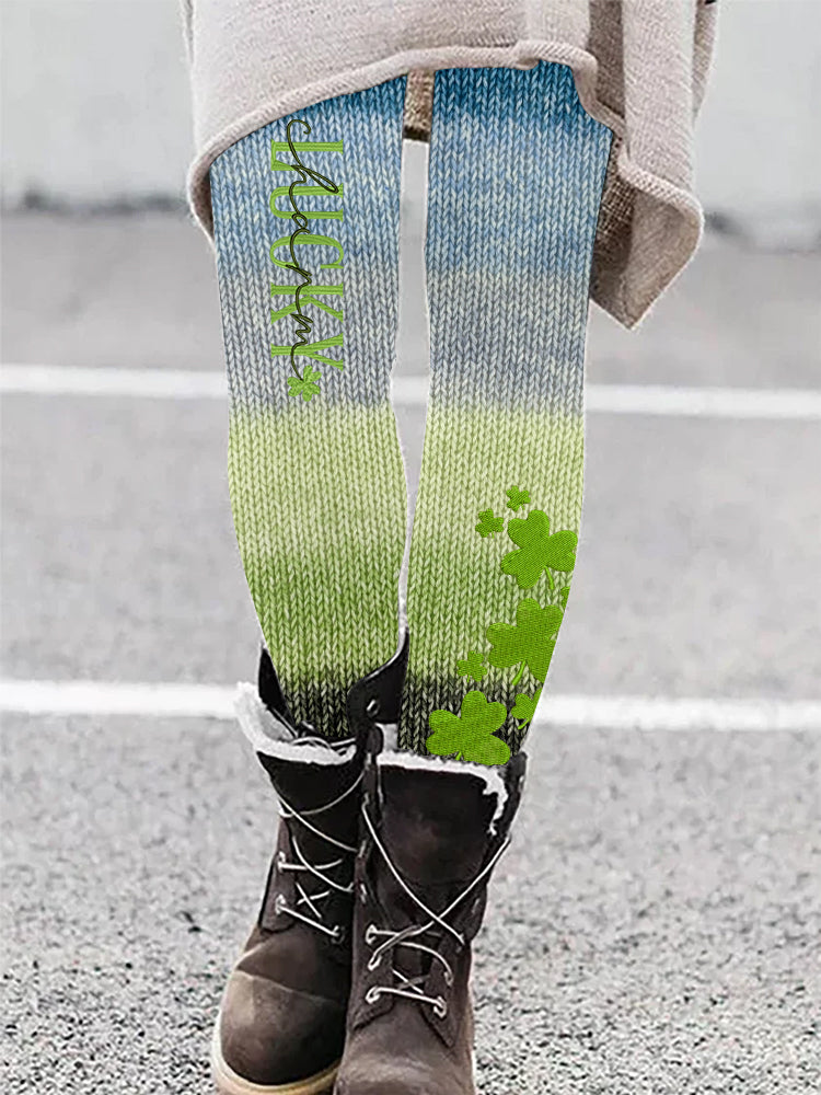 Lucky Clover Embroidered Gradient Knit Cozy Leggings elevenforest