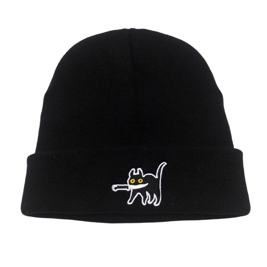 Cartoon Pattern Cat Embroidery Warm Knitted Hat elevenforest