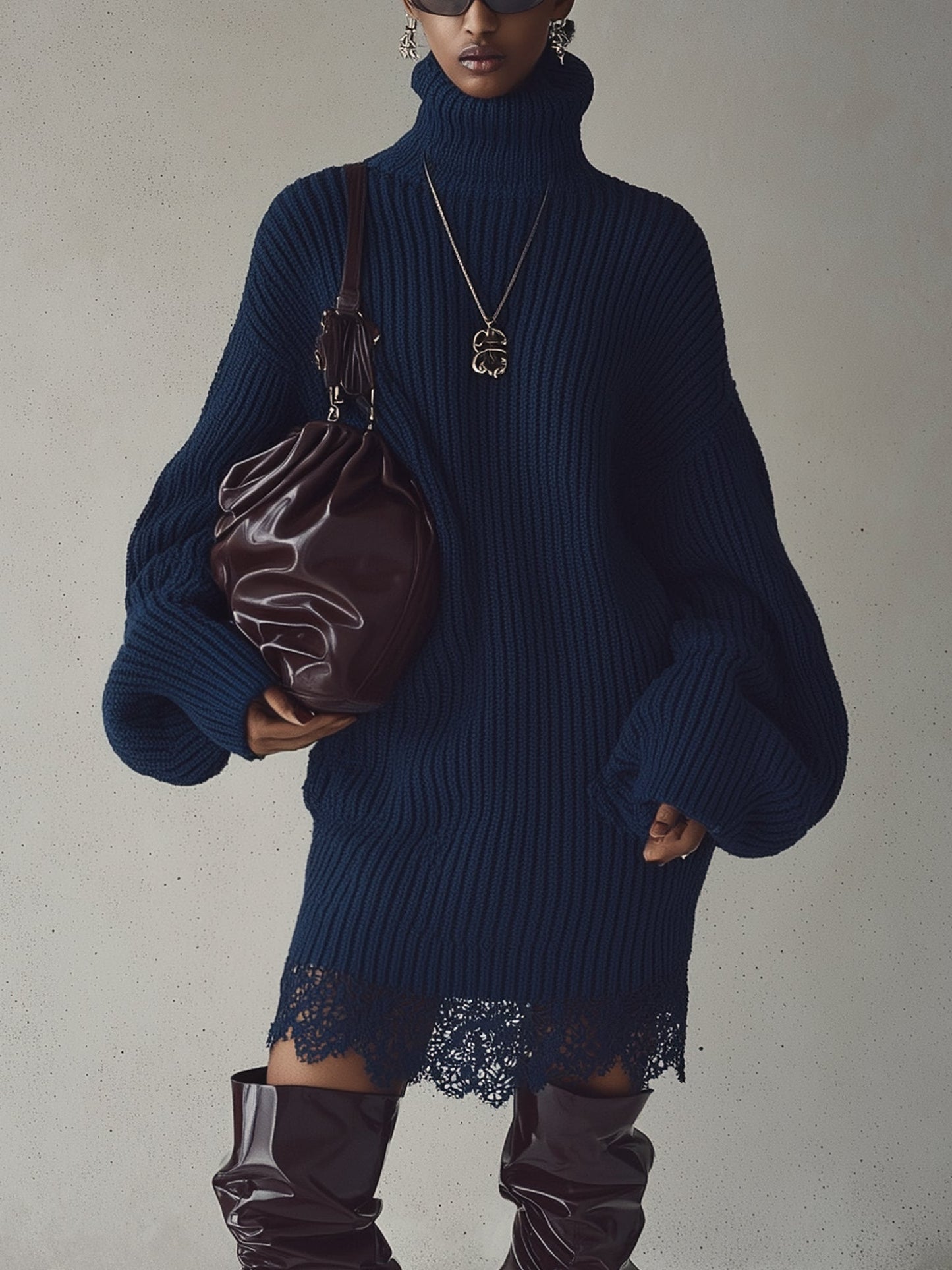 Navy Turtleneck Ribbed Knit Mini Dress With Lace Hem