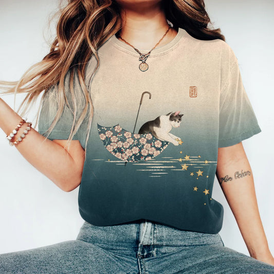 Casual Japanese Art Cat Flower Umbrella Print Round Neck T-Shirt elevenforest