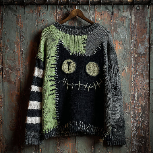 Halloween Black Cat Stitched Contrast Patchwork Cozy Knit Sweater artswardrobe