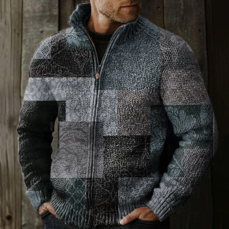 Men's Vintage Western Patchwork Design Graphic Zip Sweater elevenforest