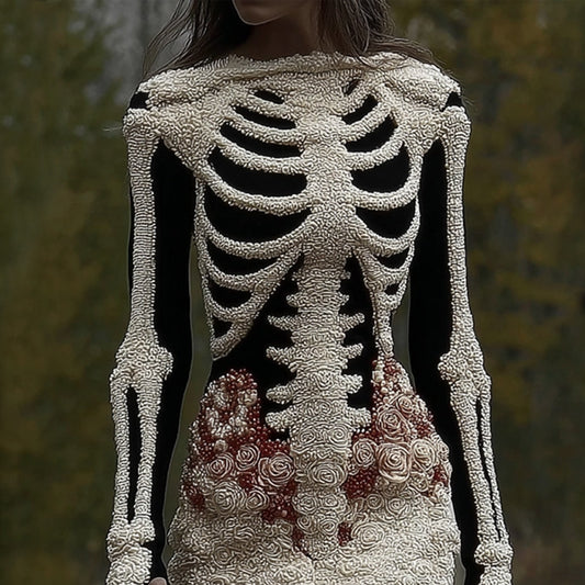 Comstylish Women's Vintage Halloween Skeleton Bones With Rose Art Cozy Knit Mini Sweater Dress